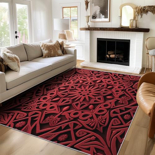 SUWALI Teppich Rote Geometrie, 140x200, Wohnzimmer Schlafzimmer, Mandala Stamm Motiv Design Zimmer Deko, Waschbar, rutschfest, Kurzflor, Weich von SUWALI