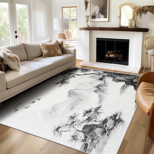 SUWALI Teppich Schwarz Weiß Grauer Berg, 200x250, Wohnzimmer Schlafzimmer, Japanische Landschaft Motiv Design Zimmer Deko, Waschbar, rutschfest, Kurzflor, Weich SUWALI Teppich Schwarz Weiß Grauer Berg, 200x250, Wohnzimmer Schlafzimmer, Japanische Landschaft Motiv Design Zimmer Deko, Waschbar, rutschfest, Kurzflor, Weich von SUWALI