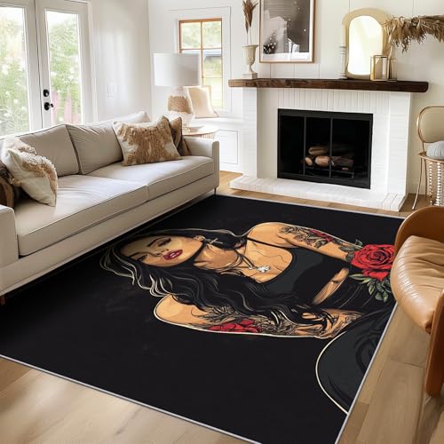 SUWALI Teppich Tätowiertes Mädchen, 200x200, Wohnzimmer Schlafzimmer, Mode Frau Motiv Design Zimmer Deko, Waschbar, rutschfest, Kurzflor, Weich von SUWALI
