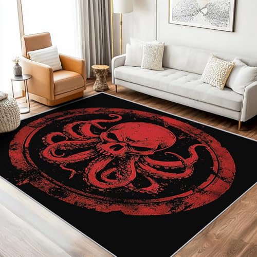 SUWALI Teppich Totenkopf Krake, 60x90, Klein Fußmatte Eingangsbereich, Rot Schwarz Gothic Tentakel Motiv Design Zimmer Deko, Waschbar, rutschfest, Kurzflor, Weich von SUWALI