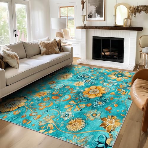 SUWALI Teppich Türkis Geblümt, 100x150, Wohnzimmer Schlafzimmer, Vintage Orientalisch Motiv Design Zimmer Deko, Waschbar, rutschfest, Kurzflor, Weich SUWALI Teppich Türkis Geblümt, 100x150, Wohnzimmer Schlafzimmer, Vintage Orientalisch Motiv Design Zimmer Deko, Waschbar, rutschfest, Kurzflor, Weich von SUWALI