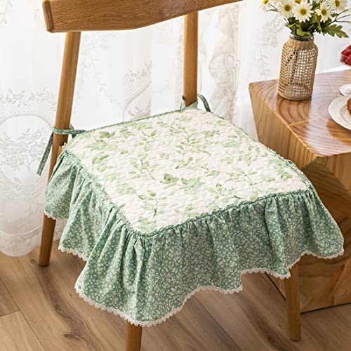 SUXUMHAO Boho-Stuhlkissen mit Rüschen, bedruckt, mit Bändern, superweiche Baumwolle, für Küche, Esszimmerstuhl, Blattmuster, rutschfestes Sitzkissen (Hellgrün, 45,7 x 45,7 cm) von SUXUMHAO