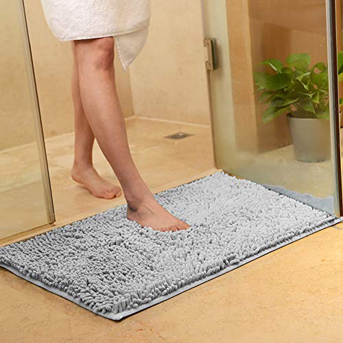SUXUMHAO Plüsch-Chenille-Badteppich, extra weich und saugfähig, Mikrofaser, rutschfester Läufer, Teppich für Badewanne, Badezimmer, Duschmatte, Silbergrau, 40,6 x 61 cm von SUXUMHAO