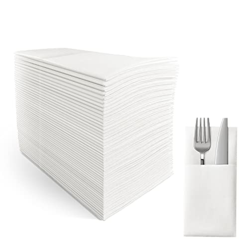 SUZZYVINE Disposable Dinner Napkins with Built-in Flatware Pocket,Cloth Like Lunch Napkins For Wedding Party Linen Feel,100 Count 16" x 16"… (Weiß50) von SUZZYVINE