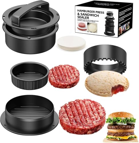Burgerpresse, Burger Smasher, Patty Presse, 4-in-1 Burgerpresse Patty-Maker Slider, Gefüllte Burger Sandwichschneider, mit 100 Blatt Backpapier, zur Herstellung Köstlicher Burger und Sandwiches von SUpoetry