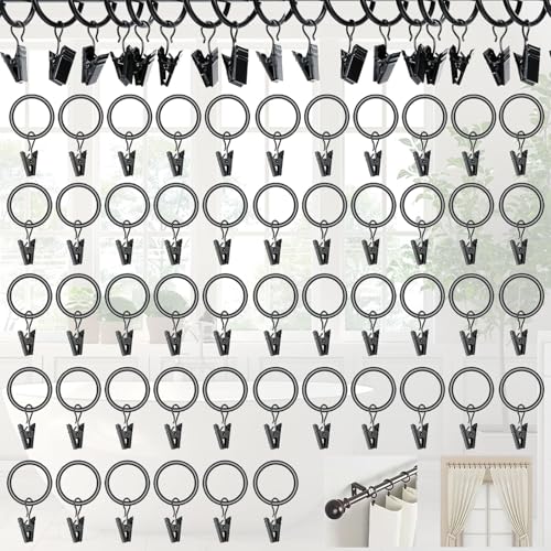 SUpoetry 50 Stück Gardinenringe Vorhangringe, vorhangringe mit Clips 25 mm, Metall Gardinenstange Ringe mit Clips Haken, Schwarze Vorhang Clip Gardinenstange für Vorhänge und Gardinenstangen von SUpoetry