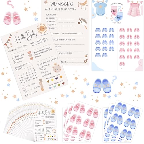 SUpoetry Babyparty Spiele Karten, Babyparty Karten zum Ausfüllen - (20 Karten - Beidseitig Bedruckt) - Deutsch, Gender Reveal Party Spiele - 1 Abstimmung Poster 36 Stickers Doppelseitige Klebepunkte von SUpoetry