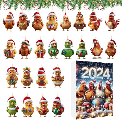 SVCEQZE Adventskalender Huhn Weihnachten | 24 Türchen Mit Süßen Hühner-Anhängern Countdown Kalender - 2D Acrylic Flachanhänger Huhn Charm Für Christbaumschmuck Wanddekoration Auto-Innenspiegel von SVCEQZE