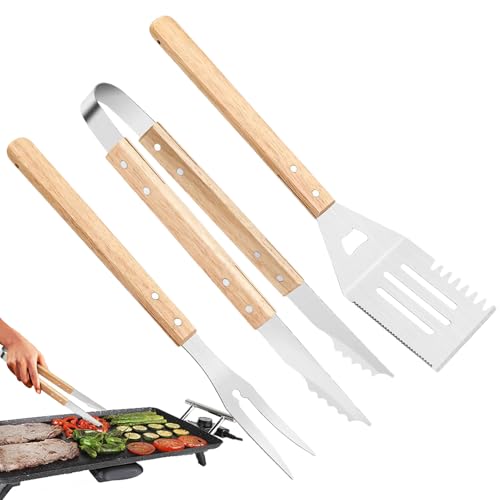 SVCEQZE Grillzubehör Set | 3-teiliges Outdoor Grillset Mit Hitzebeständigen Utensilien | Hitzebeständiges Küchenzubehör Mit Holzgriff Und Rutschfestem Griff Für Camping Steak Burger Kuchen Grillen von SVCEQZE
