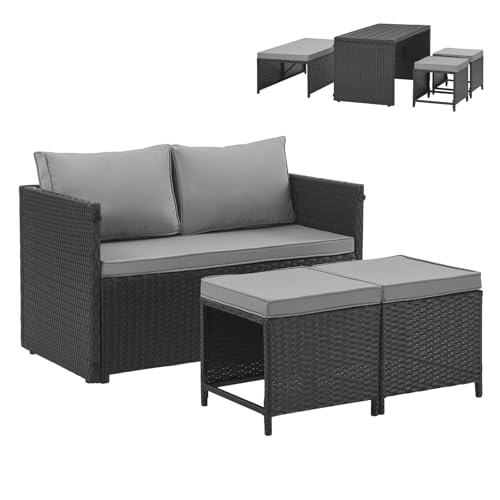 SVITA ATHINA 2in1 Sitzgruppe Outdoor Rattanlounge Balkon Essgruppe Gartenmöbel Set Gartenlounge klein Balkonmöbel Polyrattan Schwarz von SVITA