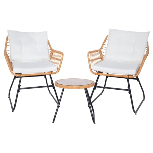 SVITA Amalfi Rattan Sitzgruppe Outdoor Gartenlounge Sitzgruppe 2 Personen Balkonset 3-TLG. Gartenmöbel Set inkl. Kissen Bistroset Polyrattan Natur von SVITA