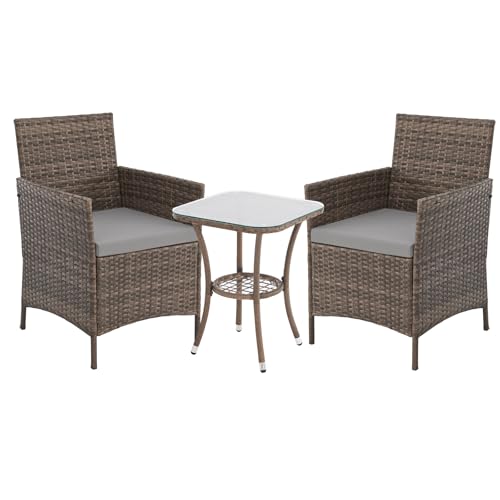 SVITA Brooklyn Bistro Gartenmöbelset 3-teilig Rattan Outdoor Gartenlounge Terrasse Balkon Garten Sitzgruppe mit 2 Sesseln und Tisch Braun von SVITA