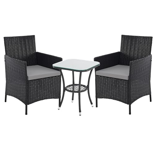 SVITA Brooklyn Bistro Gartenmöbelset 3-teilig Rattan Outdoor Gartenlounge Terrasse Balkon Garten Sitzgruppe mit 2 Sesseln und Tisch Schwarz von SVITA