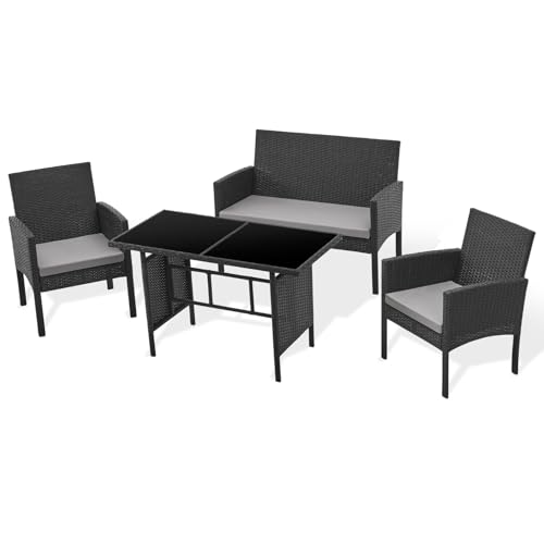 SVITA Brooklyn XL Rattan Essgruppe Garten Möbel Set mit Tisch, 2 Sessel, 2er Sofa Schwarz von SVITA