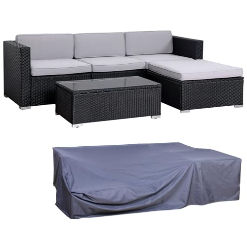 SVITA California Gartenlounge Set mit Abdeckhaube Polyrattan Gartenset Balkon-Set Rattan-Lounge mit Kissen Schwarz von SVITA