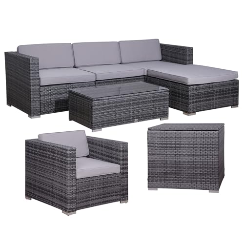 SVITA California XL Garten-Lounge Sessel Kissenbox Polyrattan Gartenset Balkon-Set Rattan-Lounge Grau von SVITA