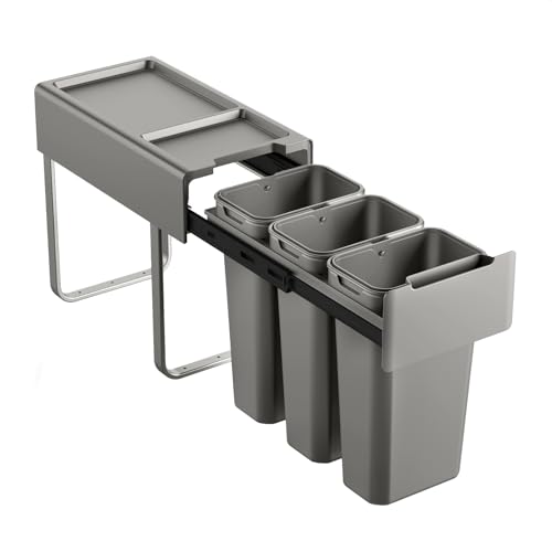 SVITA EM3x10 Einbaumülleimer 30L (3x10L) 3 Fächer mit Deckel Mülltrennsystem 3fach Küche Unterschrank Abfalleimer ausziehbar Grau von SVITA