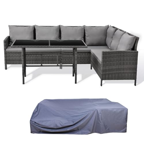 SVITA Madison & Monroe Polyrattan Ecksofa Rattan-Lounge Esstisch Gartenmöbel-Set Sofa Garnitur Couch-Eck (Madison + Haube, Grau) von SVITA