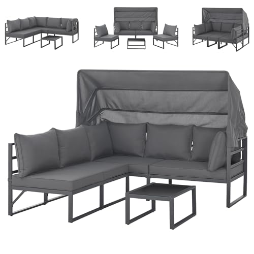 SVITA Maui Gartenmöbel-Lounge-Set mit Dach Outdoor-Sofa Strandkorb-Sonneninsel Stahl Grau von SVITA