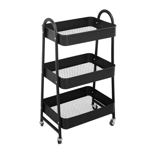 SVITA Servierwagen mit Rollen 3 Ebenen Metall Küchenwagen klein Allzweckwagen mit Körben Rollwagen Badezimmer Regal Schwarz von SVITA