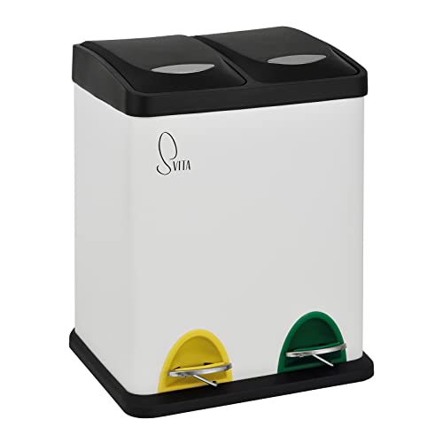 SVITA TC2X8 Mülleimer 16 Liter 2x8L doppelt Abfalleimer kompakt 2er-Mülleimer Kücheneimer Mülltrennung Treteimer Weiß von SVITA