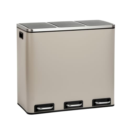 SVITA TM3X18 Mülleimer mit 3 Fächern Papierkorb 54L Treteimer Abfalleimer Recycling Mülltrennung 3 x 18 Liter pulverbeschichteter Stahl Taupe mit Griffen von SVITA