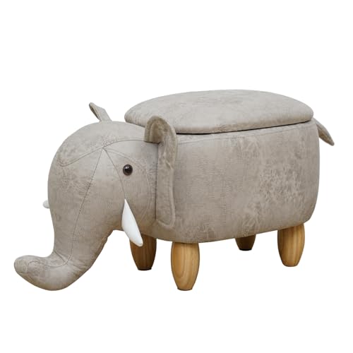 SVITA Tierhocker mit Stauraum Kinderhocker Ordnungshelfer Sitzhocker Polster mit Holzbeinen Kinderzimmer Deko Sitzbox Tier-Motiv Elefant Hellgrau von SVITA