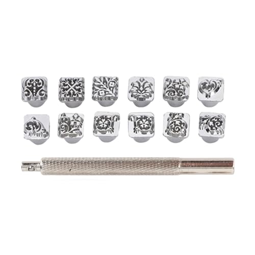 SvkmuUiyg 12pcs Leder -Stempelwerkzeugset, Stempelpunschwerkzeug Tang Dynastie Blumen Design DIY Gemüse Leder Stamper + 1PC Griff für Handwerksliebhaber von SVKMuuiYG