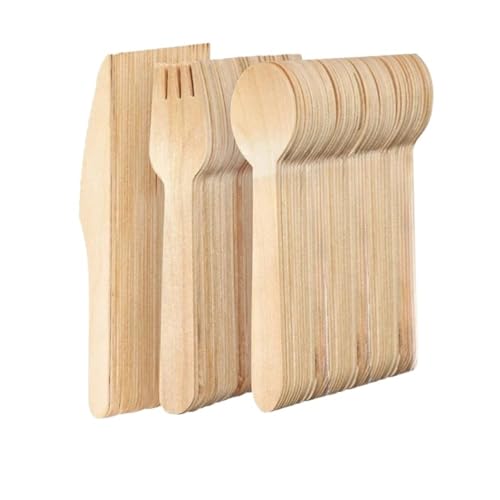 SVKVBNLNGK 150 Stück Einweg-Obstmesser, Gabel und Löffel aus Holz, Dessertparty, Haushalt, Joghurt, Eislöffel, Geschirrzubehör Lunch-Box von SVKVBNLNGK