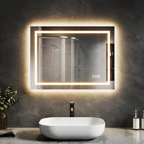 SVNR Badezimmerspiegel mit Hintergrundbeleuchtung, 80 x 60cm LED-Kosmetikspiegel fürs Badezimmer mit 4mm Kupferfreiem Milchglas, Aluminiumrahmen, 3000-6400K, Beschlagfrei, LED-Smart-Spiegel SVNR Badezimmerspiegel mit Hintergrundbeleuchtung, 80 x 60cm LED-Kosmetikspiegel fürs Badezimmer mit 4mm Kupferfreiem Milchglas, Aluminiumrahmen, 3000-6400K, Beschlagfrei, LED-Smart-Spiegel von SVNR
