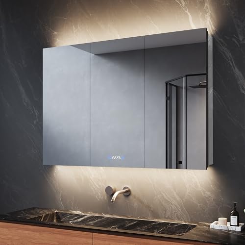 SVNR Spiegelschrank Bad 100x60x13cm Badschrank Mit 3 Glastüren, 3mm Kupferfreier Kosmetikspiegel, Verstellbare Regale, Edelstahl, Antibeschlag, Steckdose(Schwarz) von SVNR