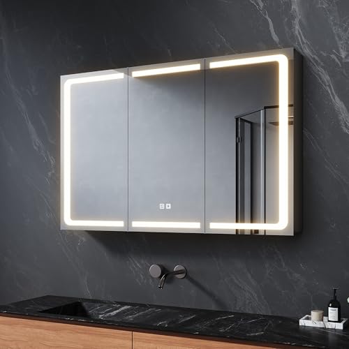SVNR Spiegelschrank Bad 100x60x13cm Badschrank Mit 3 Glastüren, 3mm Kupferfreier Kosmetikspiegel, Verstellbare Regale, Edelstahl, Antibeschlag, Steckdose(Schwarz) von SVNR