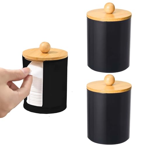SVOCK 3pcs Wattestäbchen Spender Schwarz, Wattestäbchen Behälter Wattepadspender, Wattepads Aufbewahrung Acryl, Wattepadspender Bambus, Tampon Aufbewahrung für Badezimmer, Schminktisch, Wohnzimmer von SVOCK