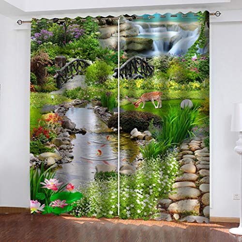 Gardinen Kinderzimmer Blickdichter Vorhang 200X214Cm 2 Stücke 3D Gartenbachlandschaft Muster Verdunklungsvorhänge Schlafzimmer Wohnzimmer Dekoration Ösenschal Kinder Thermovorhang von SVTUSR
