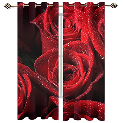 Gardinen Kinderzimmer Blickdichter Vorhang 200X214Cm 2 Stücke 3D Strauß Roter Rosen Mit Roten Wassertropfen Muster Verdunklungsvorhänge Schlafzimmer Wohnzimmer Dekoration Ösenschal Kinder Thermovor von SVTUSR