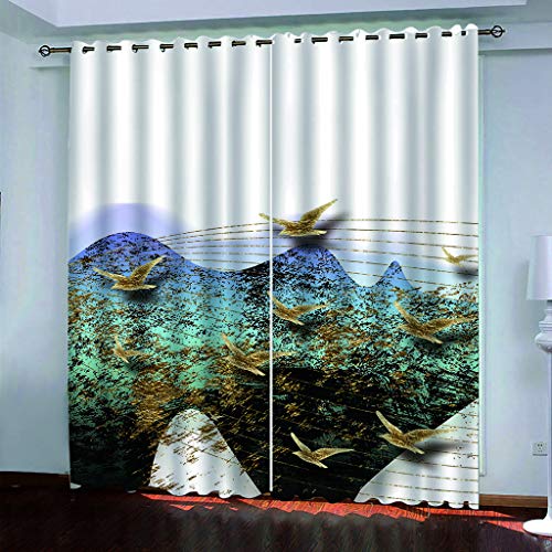 Gardinen Kinderzimmer Blickdichter Vorhang 264X214Cm 2 Stücke 3D Abstrakter Goldener Bergvogel Muster Verdunklungsvorhänge Schlafzimmer Wohnzimmer Dekoration Ösenschal Kinder Thermovorhang von SVTUSR