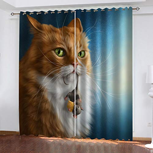 Gardinen Kinderzimmer Blickdichter Vorhang 264X214Cm 2 Stücke 3D Gelbe Tierkatze Muster Verdunklungsvorhänge Schlafzimmer Wohnzimmer Dekoration Ösenschal Kinder Thermovorhang von SVTUSR