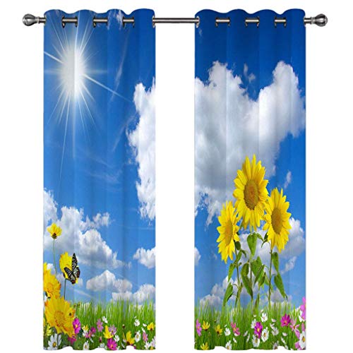 SVTUSR Gardinen Schlafzimmer Wohnzimmer Verdunkelungsvorhang 3D Blumen Und Blauer Himmel Landschaft Muster Blickdicht Vorhänge Kinderzimmer Thermovorhang Mit Ösen 200X160Cm 2Er Set Fensterdekoration von SVTUSR