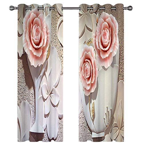 SVTUSR Gardinen Schlafzimmer Wohnzimmer Verdunkelungsvorhang 3D Rosa Blumen In Der Vase Muster Blickdicht Vorhänge Kinderzimmer Thermovorhang Mit Ösen 264X214Cm 2Er Set Fensterdekoration von SVTUSR