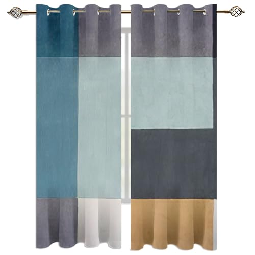 Vorhang Blickdicht 3D Blaues, Graues Und Gelbes Quadratisches Farbblockdiagramm Muster Ösenschal 2Er Set 234X230Cm Fenster Gardinen Mit Ösen Verdunkelungsvorhang Wohnzimmer Kinderzimmer Thermovorha von SVTUSR