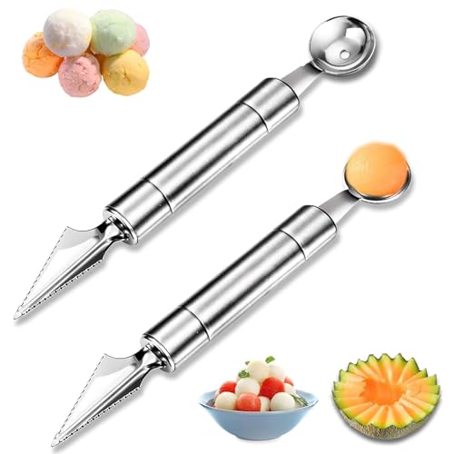 Obstschnitzwerkzeuge, 2 Stück Melonenlöffel Kugelschaufel, 2 in 1 Fruchtschnitzmesser, Obst Werkzeug, Edelstahl Multifunktion Kugelschaufel, für DIY Obstsalate, Küchenwerkzeug von SVUPUE