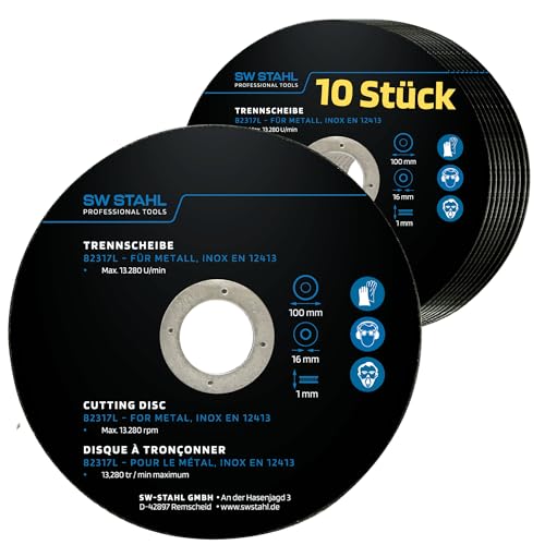 10 Stück SW-Stahl 82317L Trennscheiben 100 x 1,0 x 16 mm I 1mm dicke I 16mm Schleifteller Aufnahme I für Metall und Edelstahl I universal Flexscheibe für Winkelschleifer I DSA zugelassen von SW-Stahl