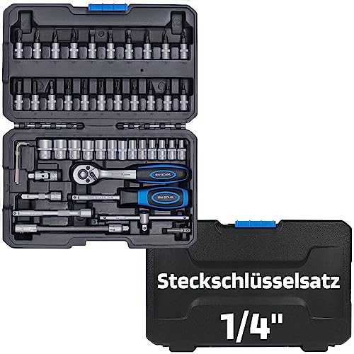 SW-Stahl 07748L Steckschlüsselsatz 1/4" Zoll Sechskant I Werkzeugkoffer 48-teilig I Knarrenkasten klein I Ratschenkasten für Auto I Nusskasten mit Ratsche I Steckschlüssel und Bitsatz von SW-Stahl