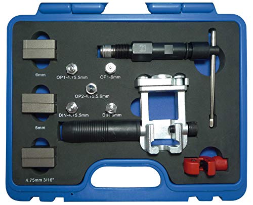 SW-Stahl 24535L Werkstatt-Bördelgerät mit Ölhydraulikspindel, Bördelung nach SAE und DIN, 4,75 mm (3/16"), 5 mm, 6 mm (1/4"), mit Rohrabschneider 3-16 mm mit Innenentgrater, 14-teilig von SW-Stahl