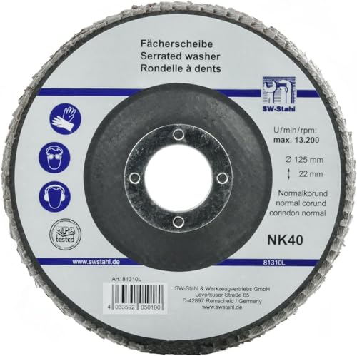 SW-Stahl 81311L Fächerschleifscheibe 125 mm NK60 I Aluminiumoxid Schleifscheibe 13.200 U/min I Winkelschleifer Schleifscheibe für Metallbearbeitung I Holzarbeiten I Lamellenscheibe 125 mm von SW-Stahl
