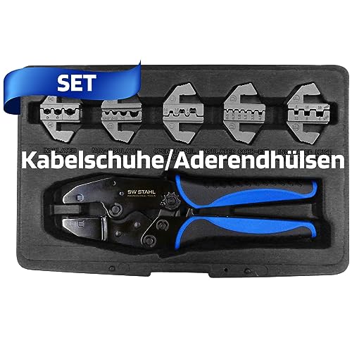 SW-Stahl 42585L Kabelschuhklemmzangensatz 6-teilig I Crimpzange mit Wechselbacken 5 Stück I für isolierte und unisolierte Kabelschuhe I Kabelschuhe Klemmzange mit Zwangssperre I Crimpzangen-Set von SW-Stahl