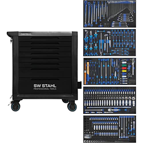 SW-Stahl Z3201 Profi Werkstattwagen TT802 schwarz I 8 Schubladen I 5 Schubladen gefüllt I 434 teilig I Werkstatt Rollwagen mit Werkzeug bestückt I Twin-Lock I Werkstattwagen kit I voll ausgestattet von SW-Stahl