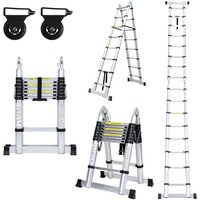 Teleskopleiter Ausziehleiter Klappleiter Stabil Aluminium Stehleiter bis 150kg 2,5m+2,5m Silber ohne haken Mit Stabilisator Mit Rädern - Silber von SWANEW