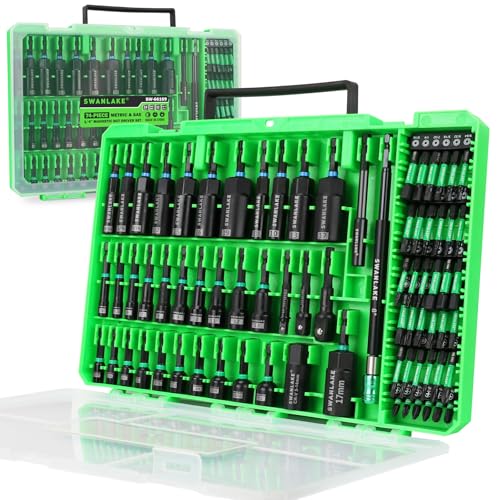 74-teiliges Magnetisches Steckschlüssel-Set für Schlagbohrmaschine Metrisch & SAE, Schlag-Steckschlüsseladapter, Power Bits mit Magnethalter, Flügelmutter-Treiber, Universal-Stecknuss, 1/4 Zoll von SWANLAKE GARDEN TOOLS