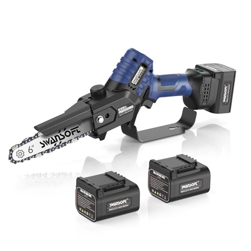 Mini Kettensäge mit Akku,6 Zoll 600 W/21 V/4000 mAh*2, professionelle kettensäge elektrisch mit automatischer Schmierung, astsäge akku zum Holzfällen in Obstgärten und Weinbergen CS-2S von SWANSOFT